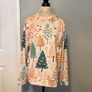 Cozy Printed Holiday Tree Sweatshirt - Cream & Teal